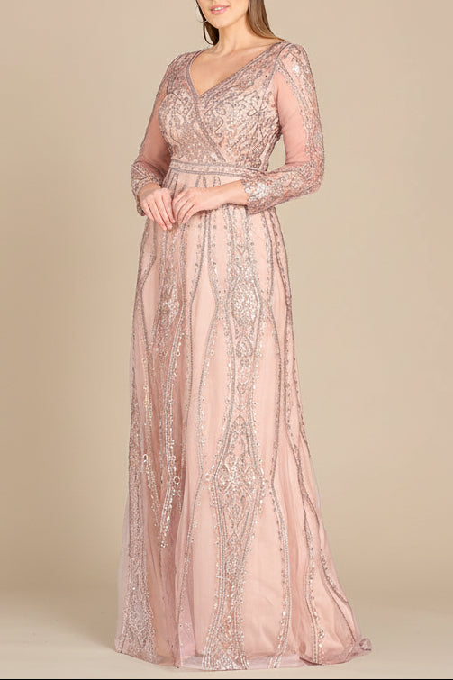 Lara 29788 - Long Illusion Sleeves, A-line Long Gown - JUSTLUXURY