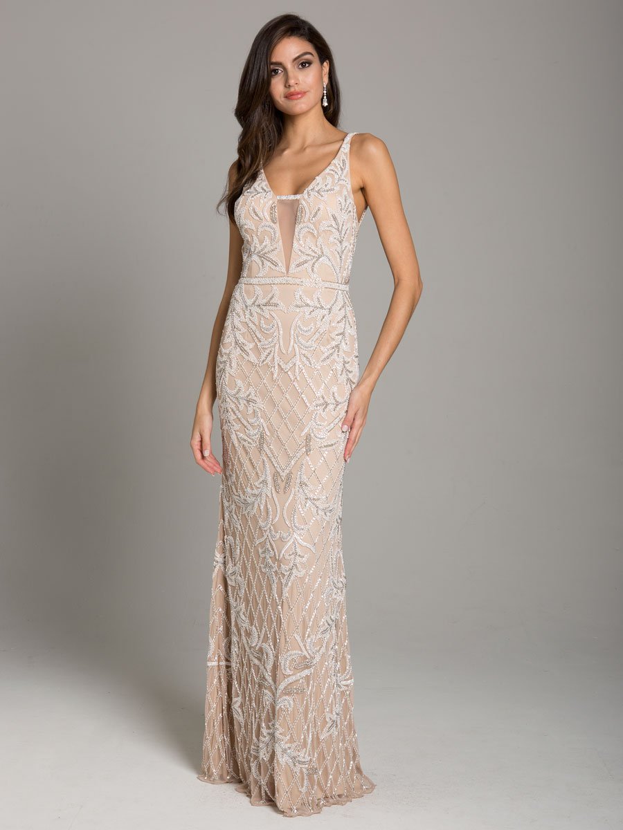 Lara Beverly Long Beaded Low Back V Neck Sleeveless Dress - JUSTLUXURY