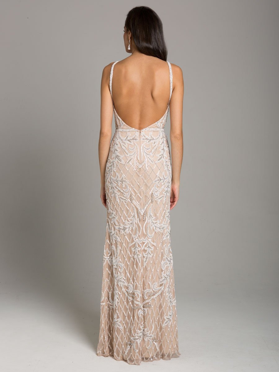 Lara Beverly Long Beaded Low Back V Neck Sleeveless Dress - JUSTLUXURY