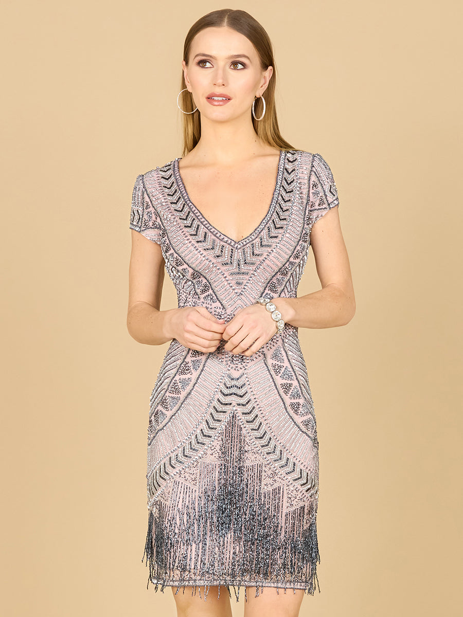 Lara Brooklyn Beaded Fitted Short Dress with Open Back - JUSTLUXURY