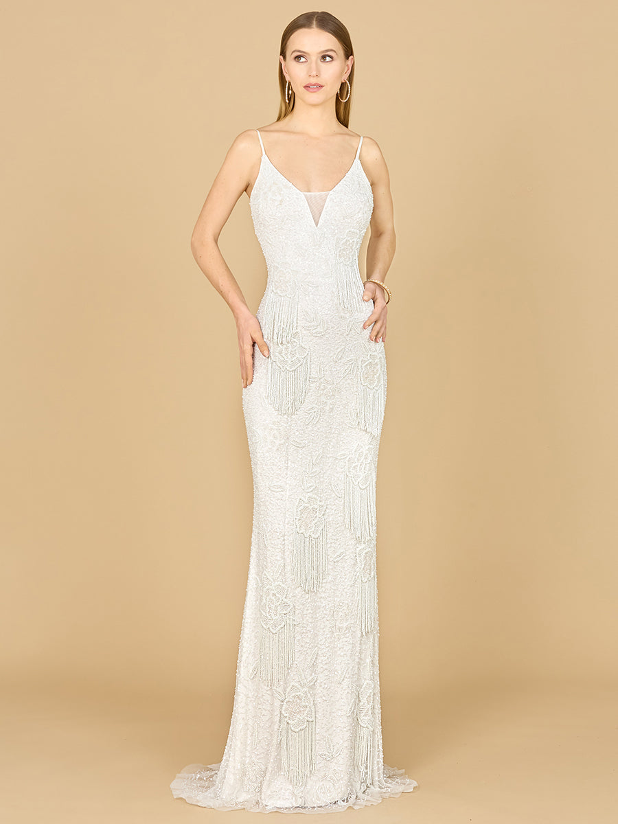 Lara Danika Floral Beaded Sheath Beaded Dress with Beaded Fringe - JUSTLUXURY