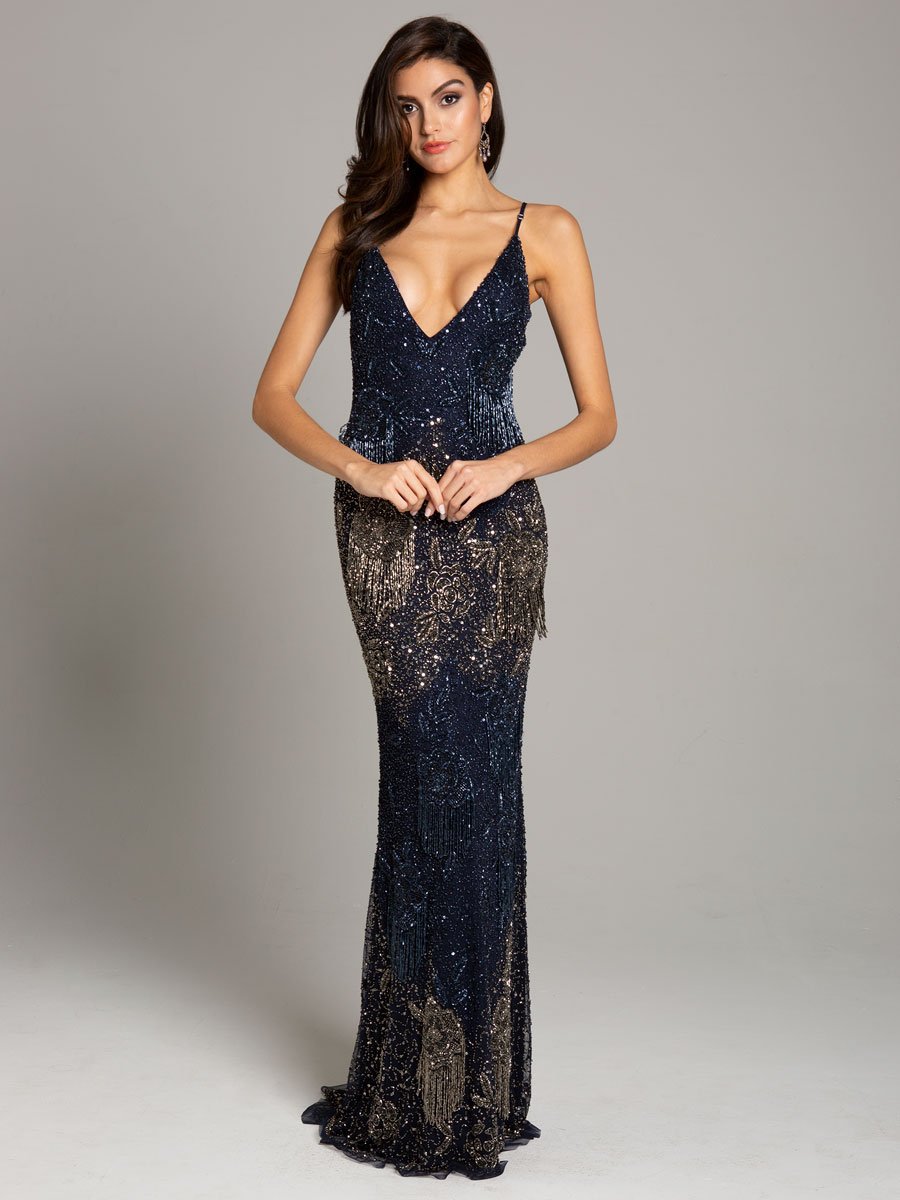 Lara Danika Floral Beaded Sheath Beaded Dress with Beaded Fringe - JUSTLUXURY