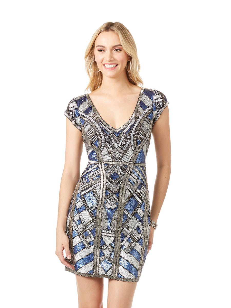 Lara 29909 - Beaded, V-neck Mini Dress - JUSTLUXURY