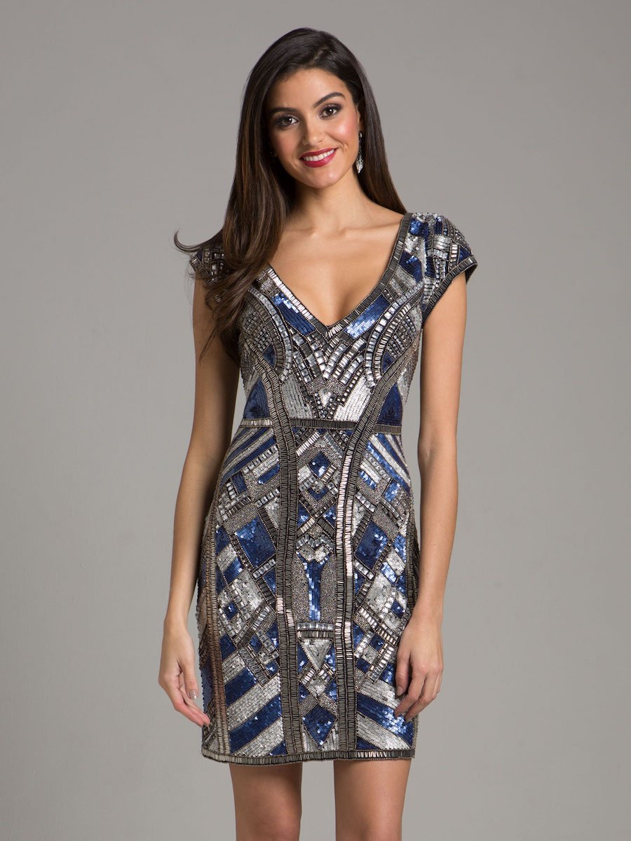 Lara 29909 - Beaded, V-neck Mini Dress - JUSTLUXURY