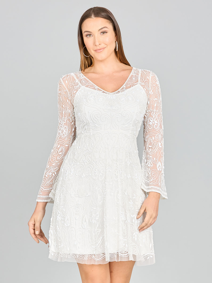 Lara Eliza Beaded A-line Bell Sleeve Bridal Short Dress - JUSTLUXURY