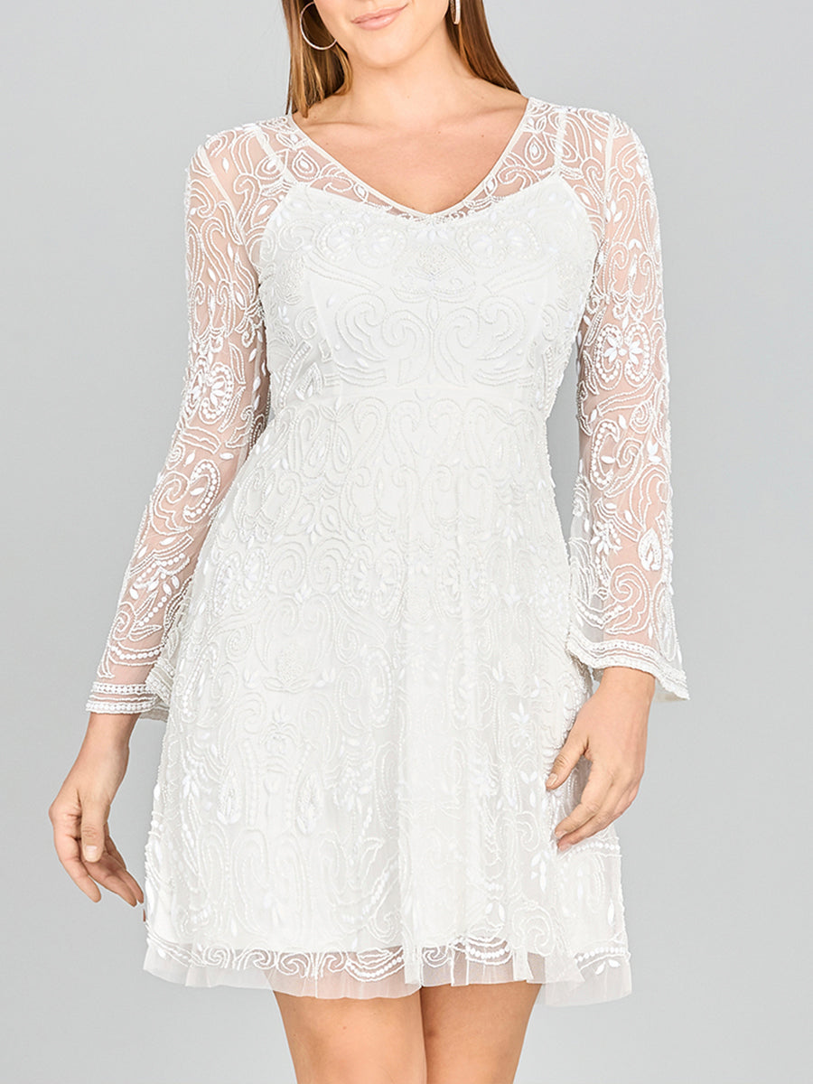 Lara Eliza Beaded A-line Bell Sleeve Bridal Short Dress - JUSTLUXURY