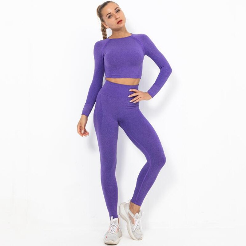 Women Seamless Yoga Set squat proof High Waist Gym Leggings + Shirts Suit Long Sleeve tops Fitness Workout Sports Sets