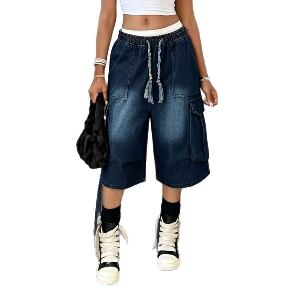 Workwear Denim Pants with Washed Finish Elastic Drawstring Waist Casual Style Bottoms