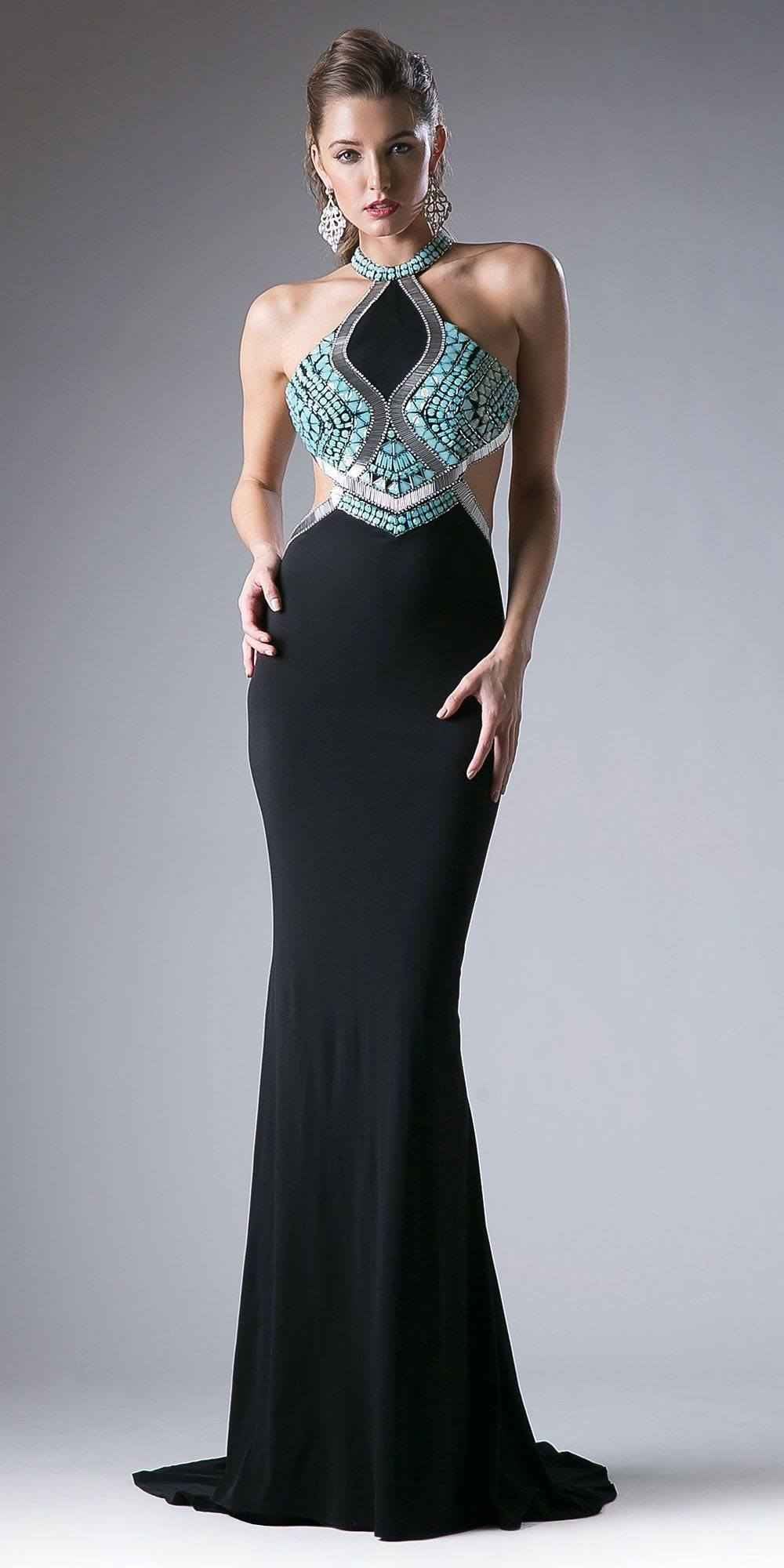 Cinderella Divine 5012 Halter Beaded Cut Out Bodice Long Dress Open Back