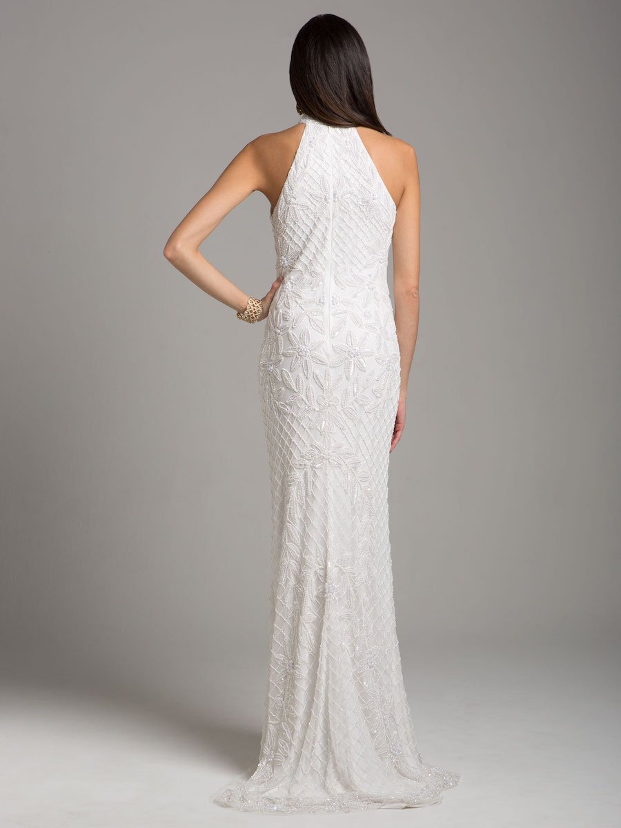 Lara Lattice-Beaded Halter Neck Sheath Wedding Gown - JUSTLUXURY