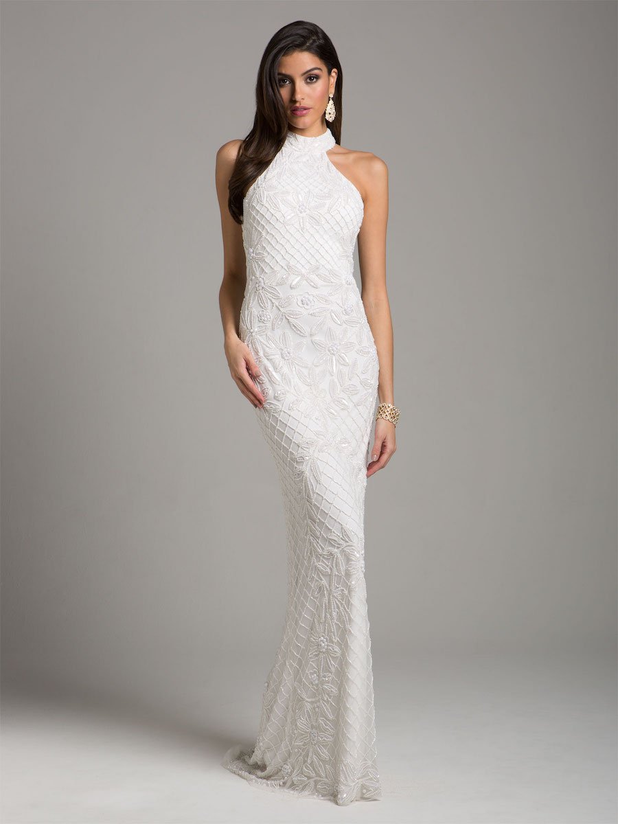 Lara Lattice-Beaded Halter Neck Sheath Wedding Gown - JUSTLUXURY