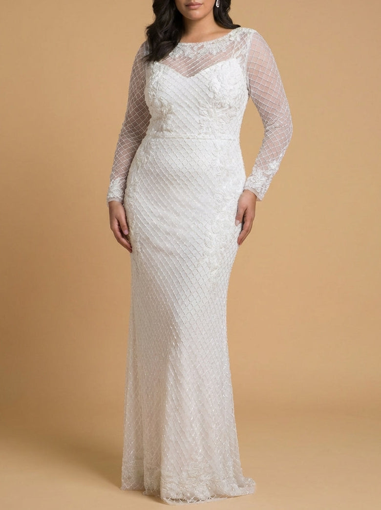 High Neck, Long Sleeve Beaded Wedding Gown | Lara 51004 - JUSTLUXURY