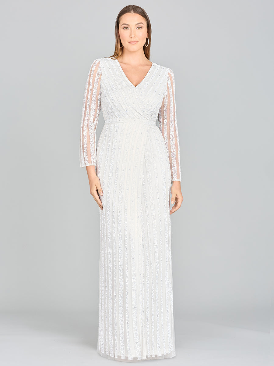 Lara Blair Long-Sleeve Beaded Surplice Sheath Gown - JUSTLUXURY