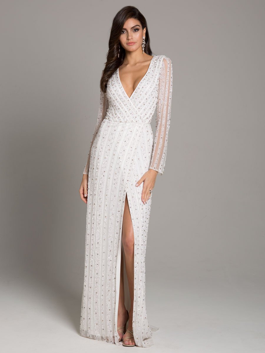 Lara Blair Long-Sleeve Beaded Surplice Sheath Gown - JUSTLUXURY