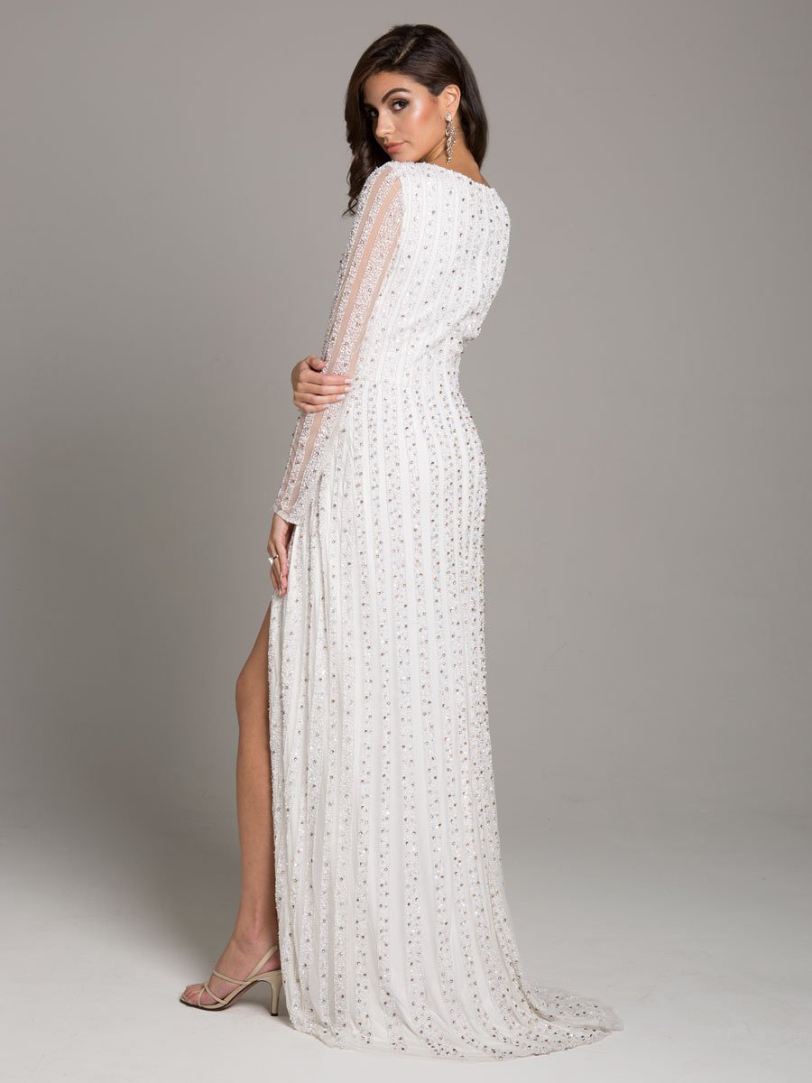 Lara Blair Long-Sleeve Beaded Surplice Sheath Gown - JUSTLUXURY