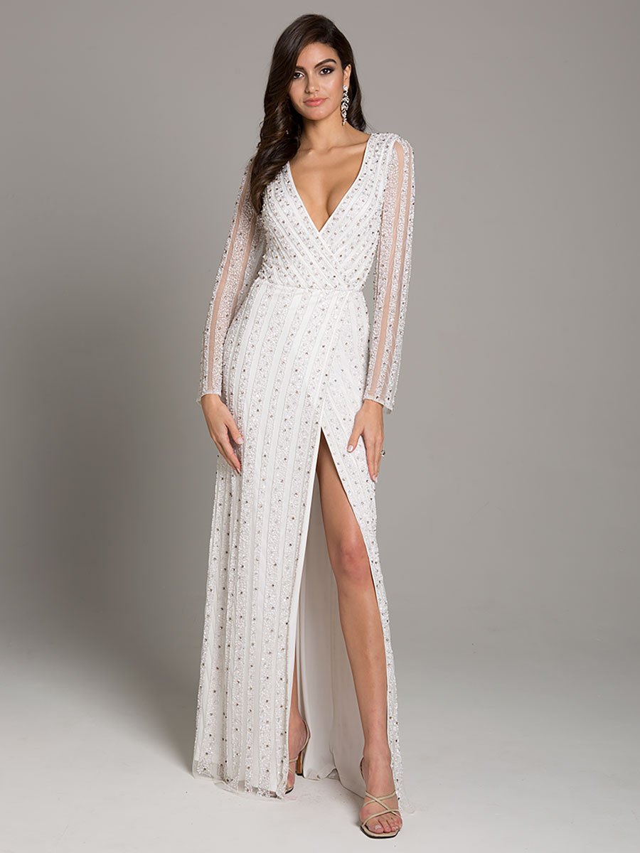 Lara Blair Long-Sleeve Beaded Surplice Sheath Gown - JUSTLUXURY