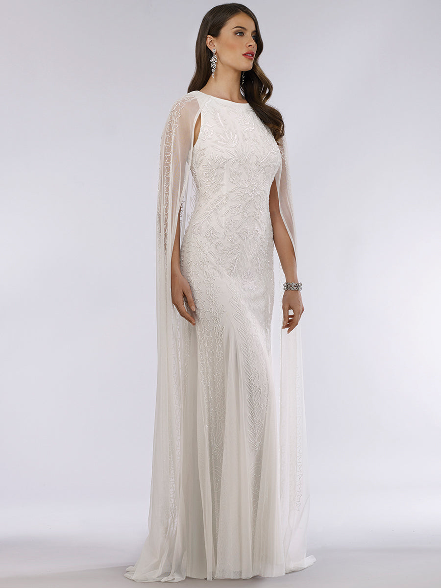 Lara Eve Beaded Cape Sleeve Wedding Dress - JUSTLUXURY
