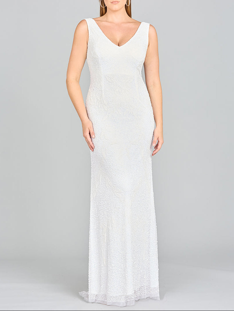 Lara Erika Beaded Draped Cowl Back V-Neck Wedding Dress - JUSTLUXURY
