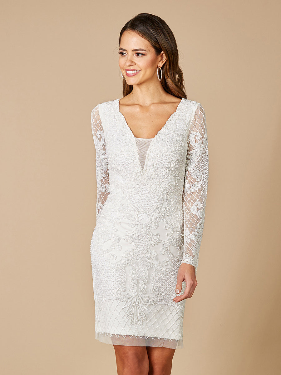 Lara Carla Long Sleeve Beaded Lace Mini Dress - JUSTLUXURY