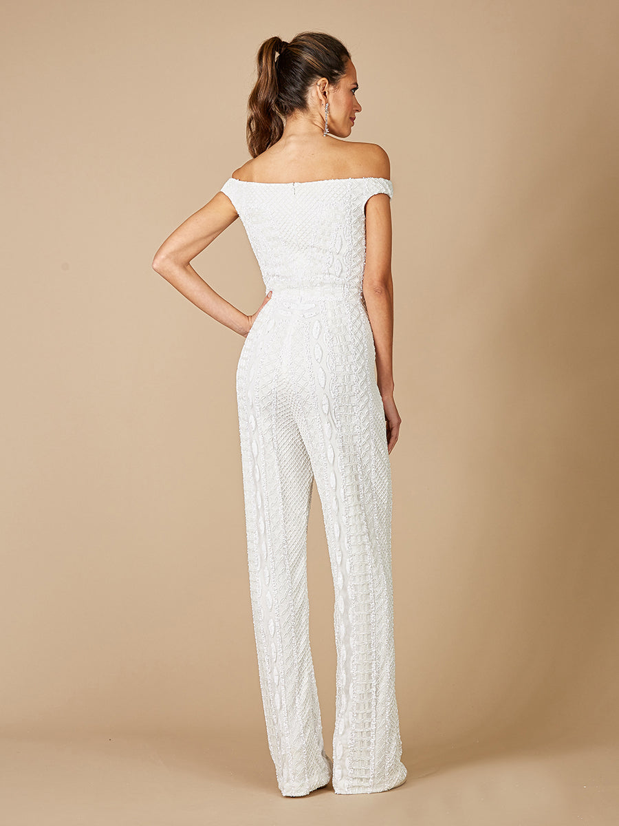Lara Gabby Beaded Off-the-Shoulder Bridal Jumpsuit - JUSTLUXURY