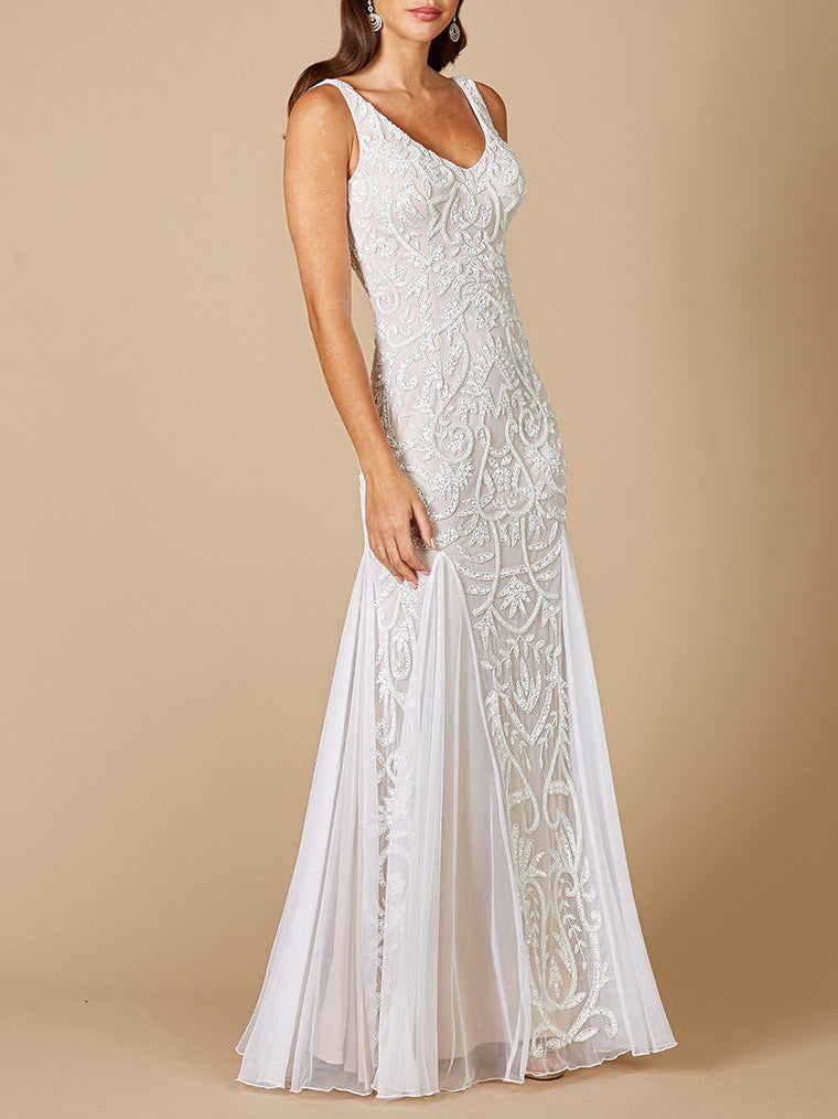 Lara Greta Beaded V-Neck Tulle Wedding Dress with Contrast Lining - JUSTLUXURY