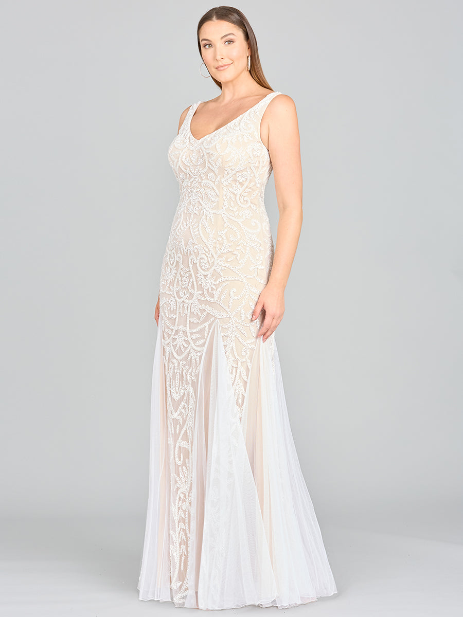 Lara Greta Beaded V-Neck Tulle Wedding Dress with Contrast Lining - JUSTLUXURY