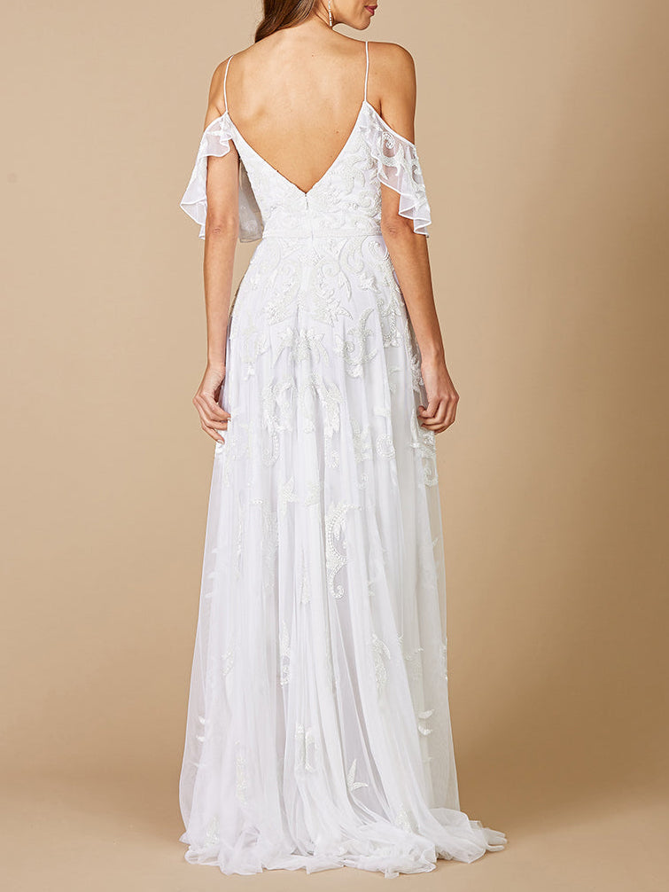 Lara Giana Beaded Cold-Shoulder Wedding Dress - JUSTLUXURY