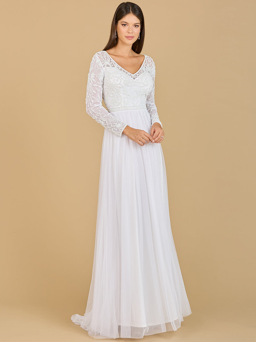 Long Sleeve Bridal Gown with Flowy Skirt - JUSTLUXURY