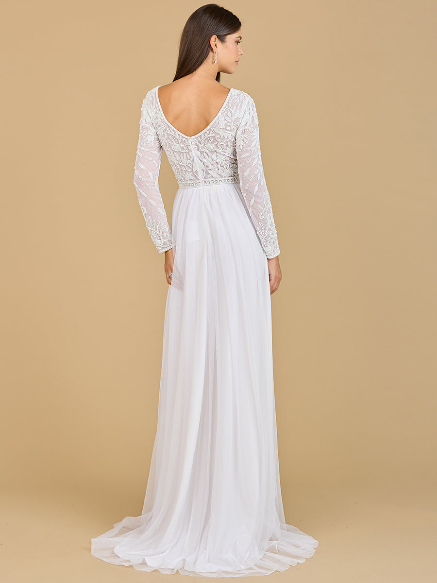 Long Sleeve Bridal Gown with Flowy Skirt - JUSTLUXURY