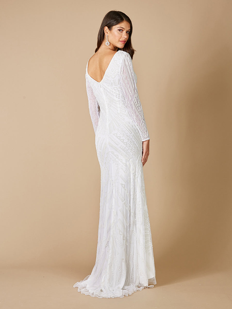 Lara Gretchen V-Neck Long Sleeve Wedding Dress - JUSTLUXURY