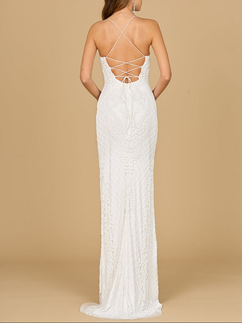 Scoop Neck, Open Back Beaded Bridal Gown - JUSTLUXURY