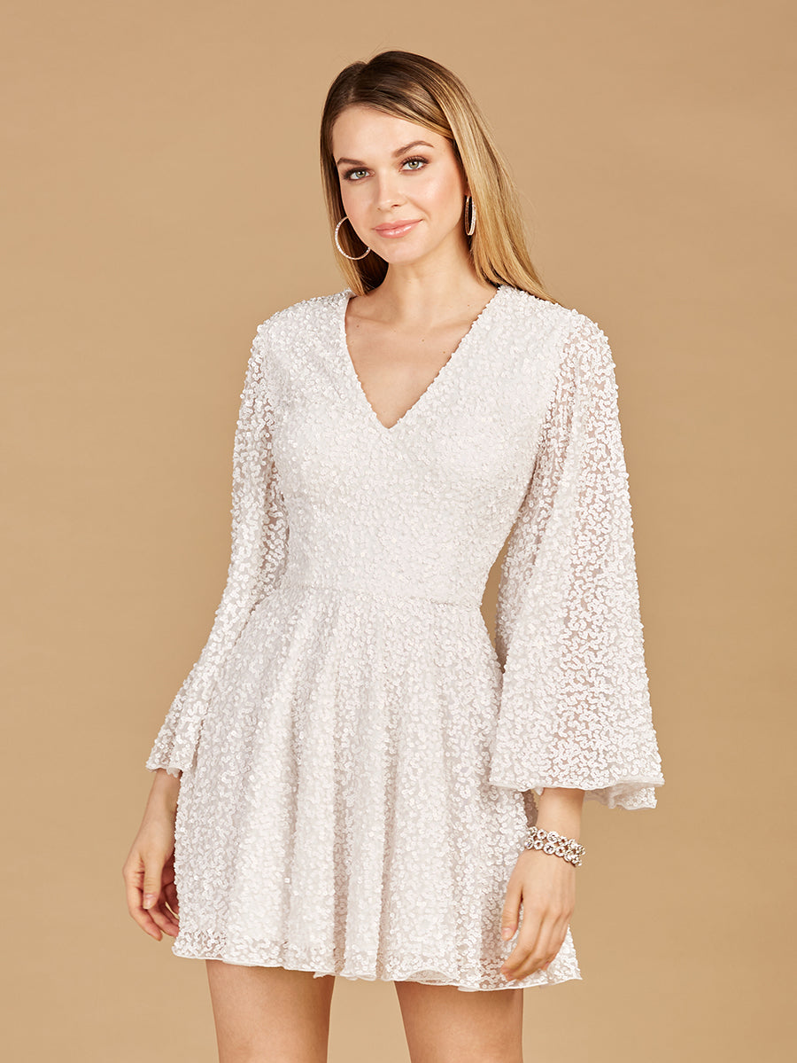 Long Bell Sleeve Sequin Bridal Cocktail Dress - JUSTLUXURY
