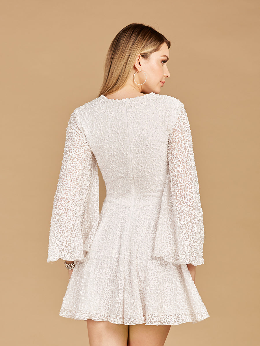 Long Bell Sleeve Sequin Bridal Cocktail Dress - JUSTLUXURY
