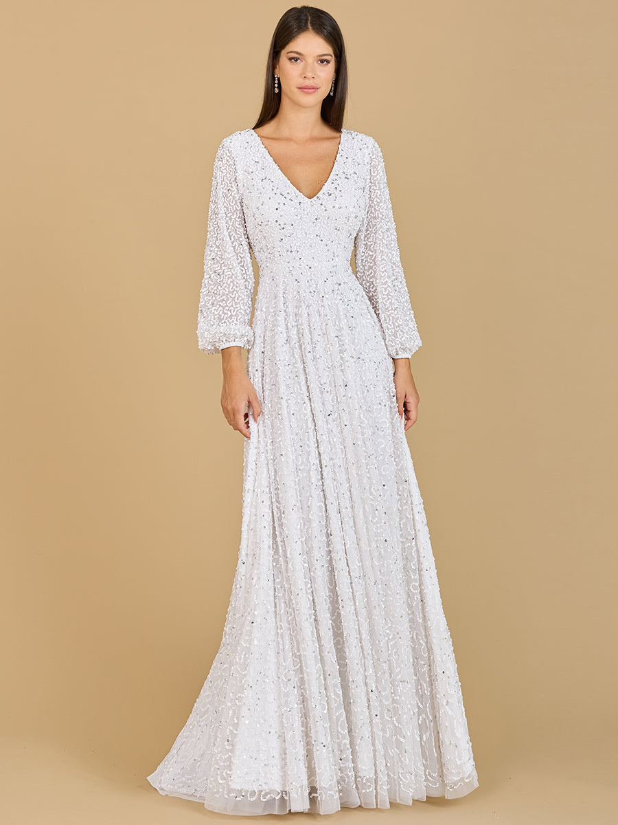 Long Sleeve, Beaded A-Line Bridal Dress - JUSTLUXURY