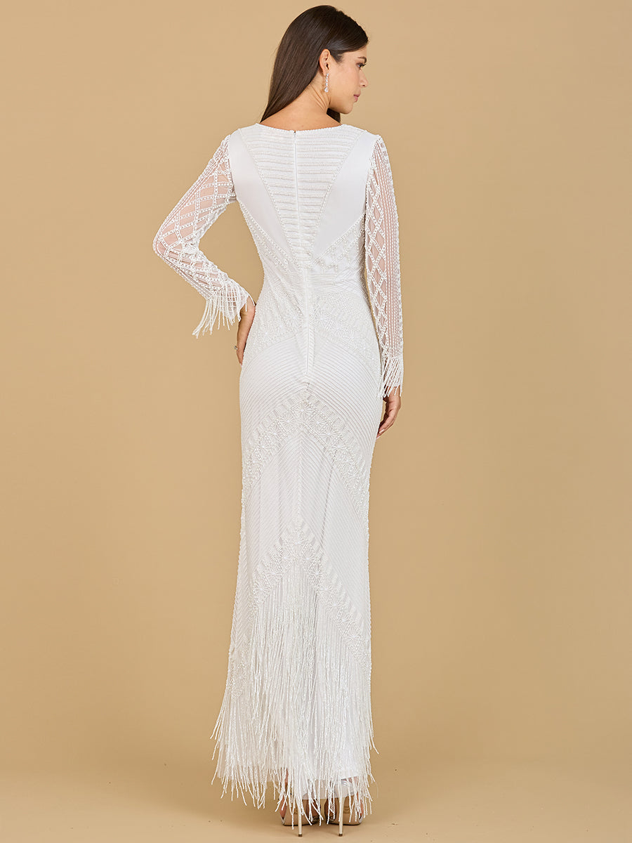 Long Sleeve Fringe Bridal Gown - JUSTLUXURY