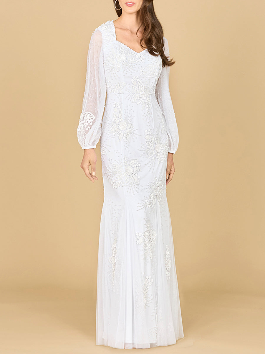Long Sleeve Beaded Bridal Gown - JUSTLUXURY