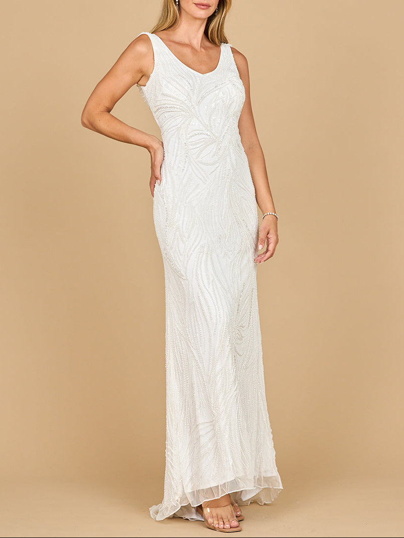 Lara 51200- Beaded Draped Cowl Back Wedding Gown - JUSTLUXURY
