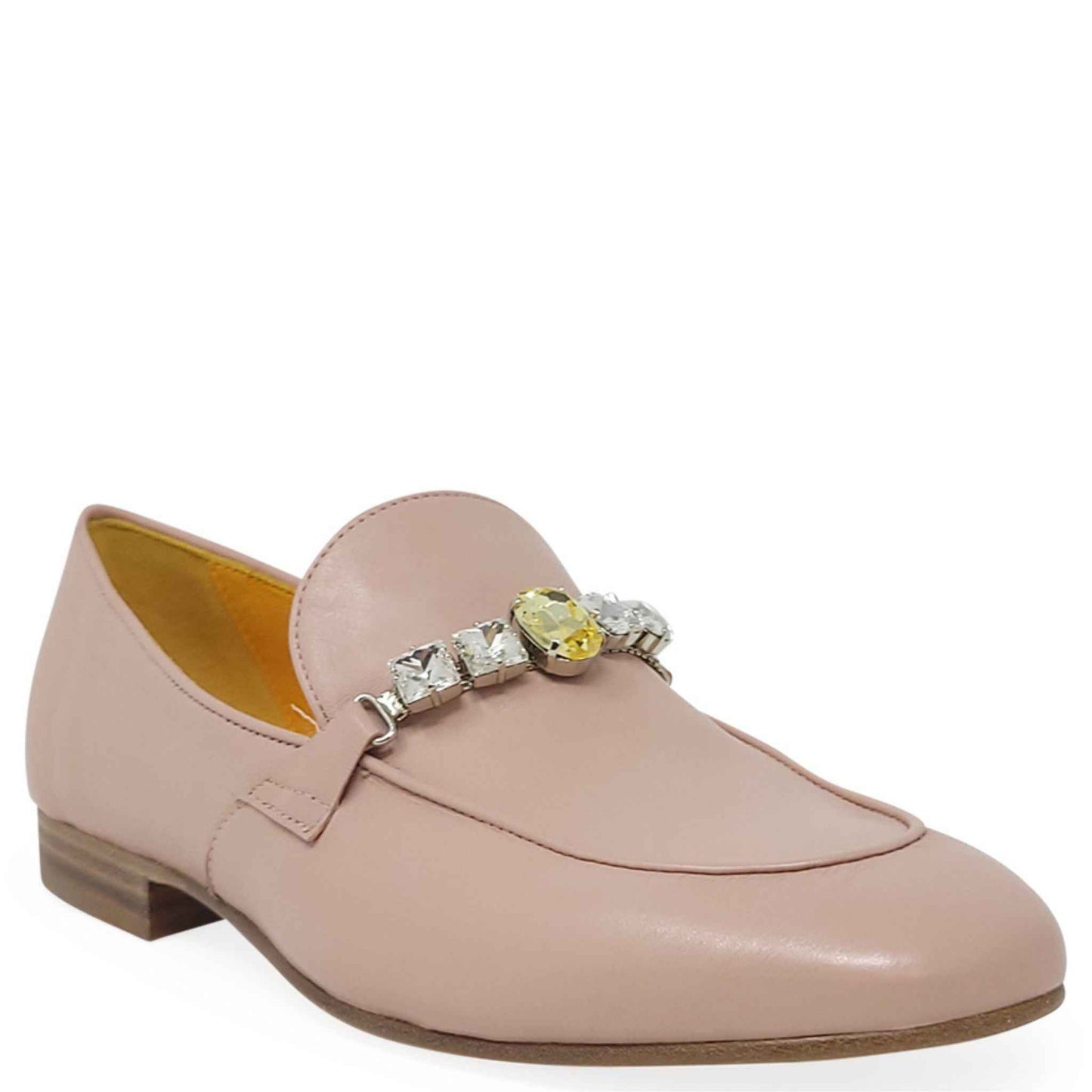 Pink Leather Flat Jeweled Loafer