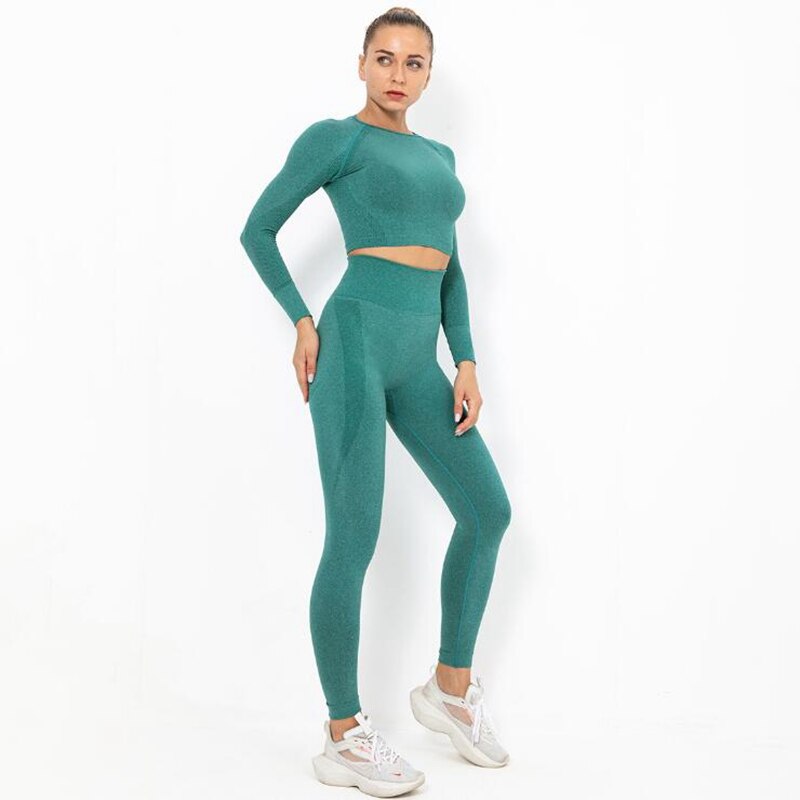 Women Seamless Yoga Set squat proof High Waist Gym Leggings + Shirts Suit Long Sleeve tops Fitness Workout Sports Sets