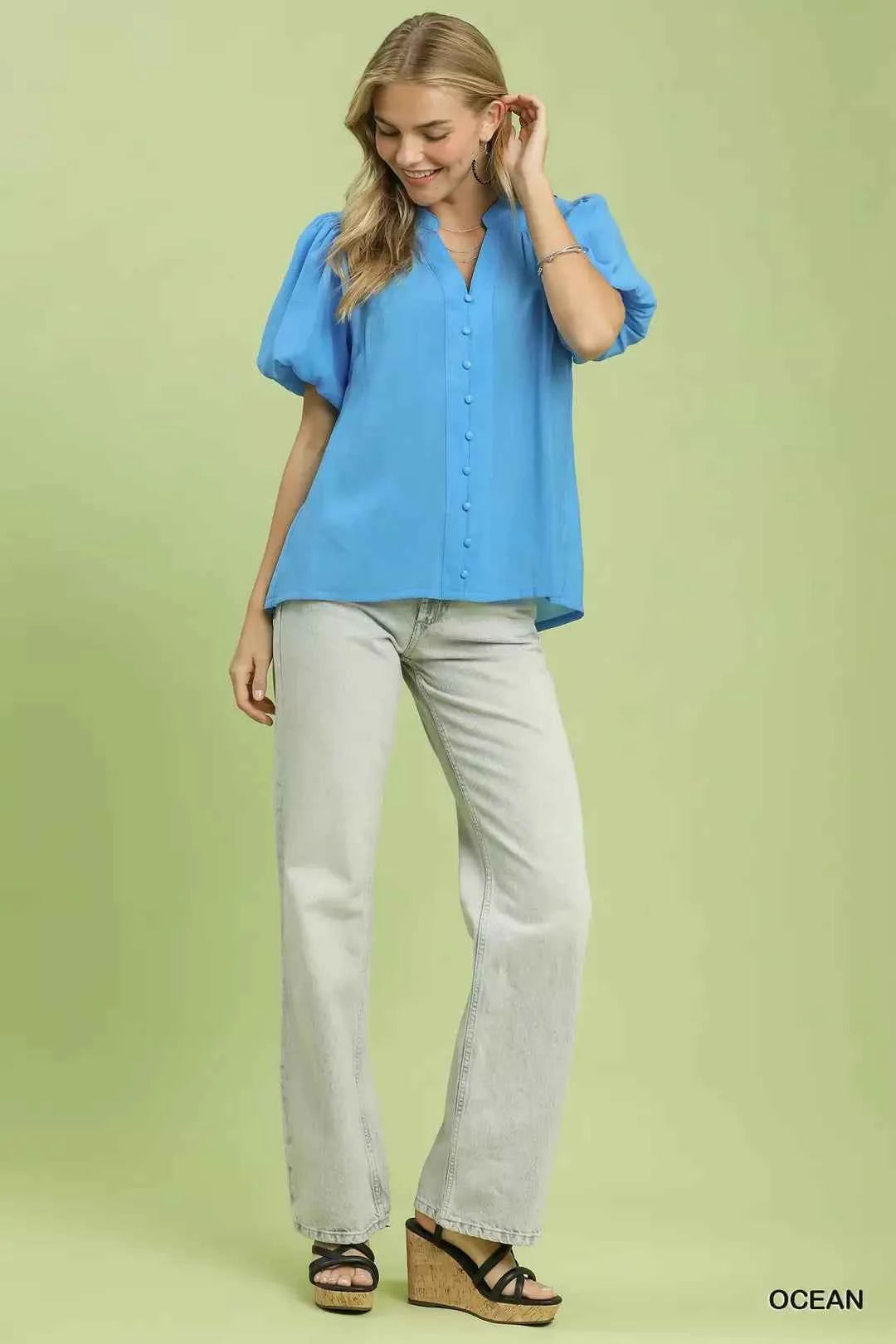 Umgee Button-Down Puff Sleeve Shirt