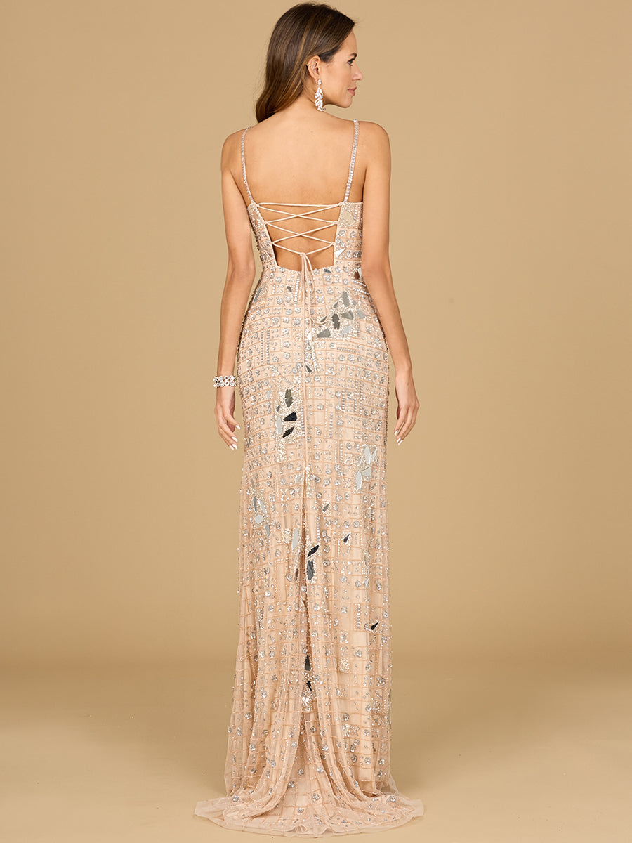 Mirror Beaded Gown With High Slit - JUSTLUXURY