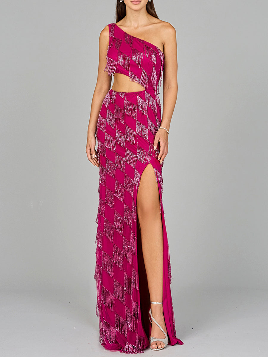 One Shoulder Fringe Gown - JUSTLUXURY