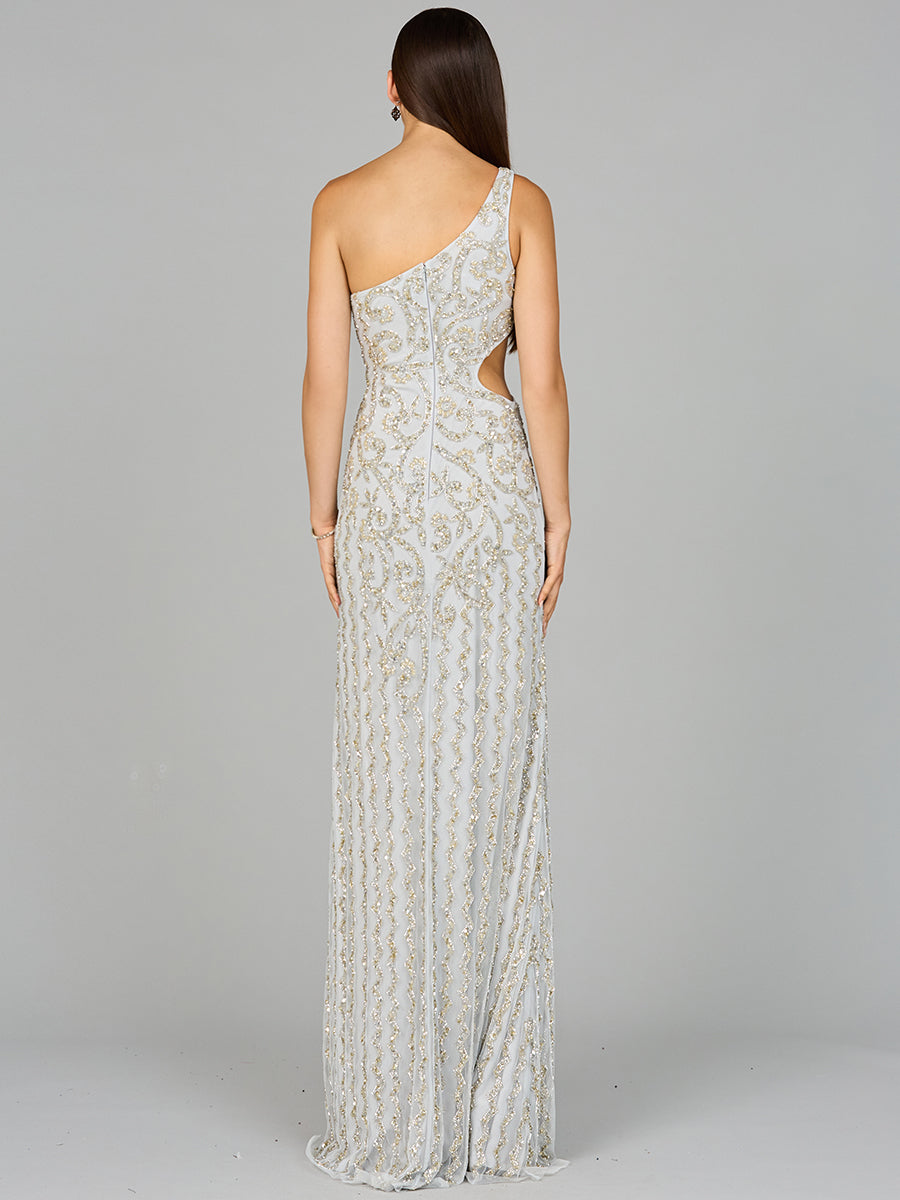 One-Shoulder Beaded Gown with Slit - JUSTLUXURY