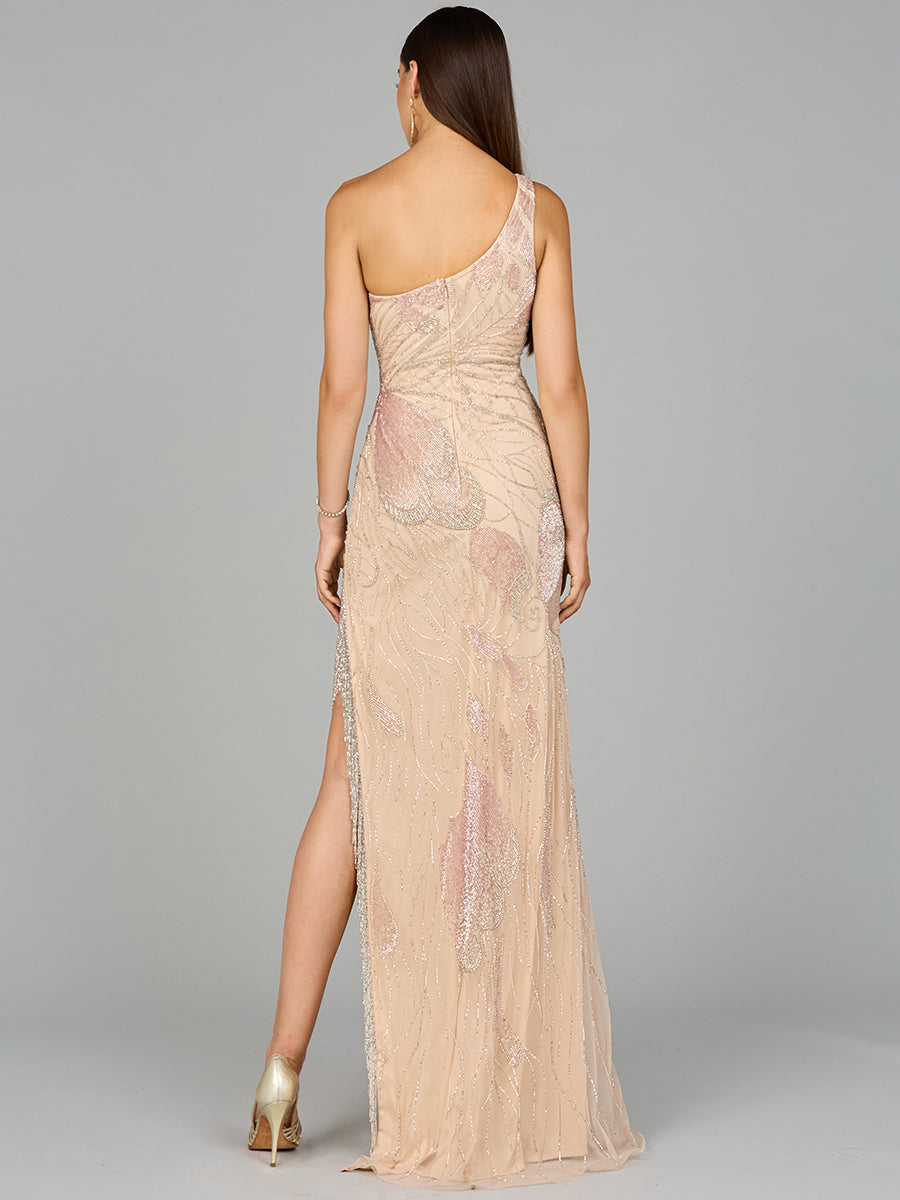 One Shoulder Beaded Gown with Fringe Slit - JUSTLUXURY