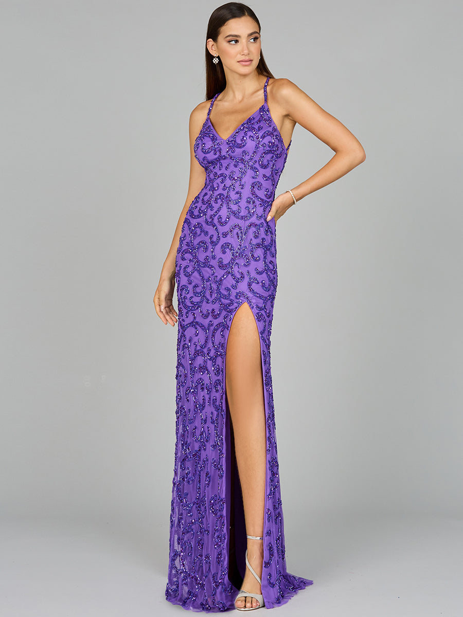 Sultry Beaded Gown with Slit - JUSTLUXURY