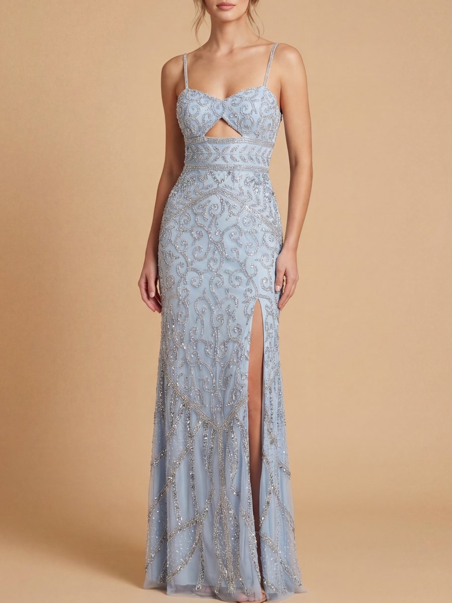 Embellished Gown with Slit And Low Back - JUSTLUXURY