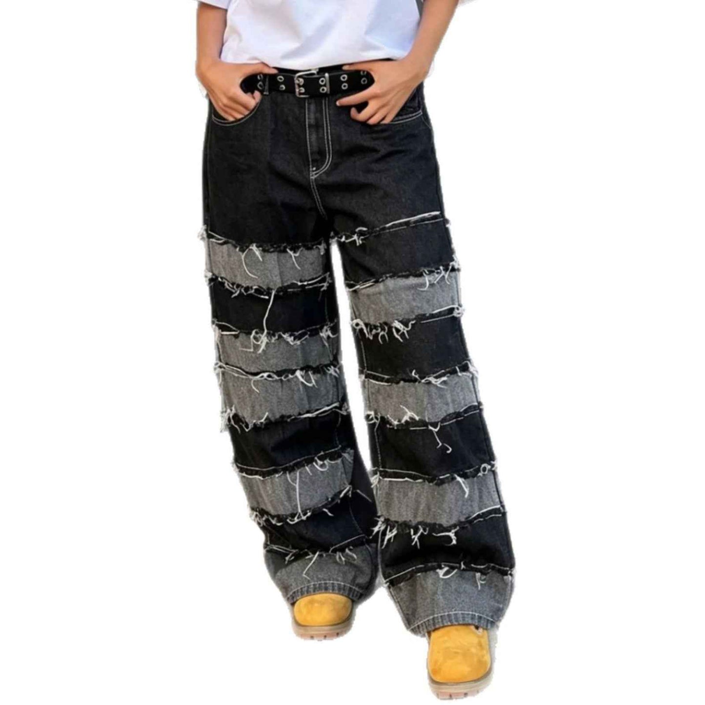Street Deconstructed Black and Gray Patchwork Raw Hem Denim Pants
