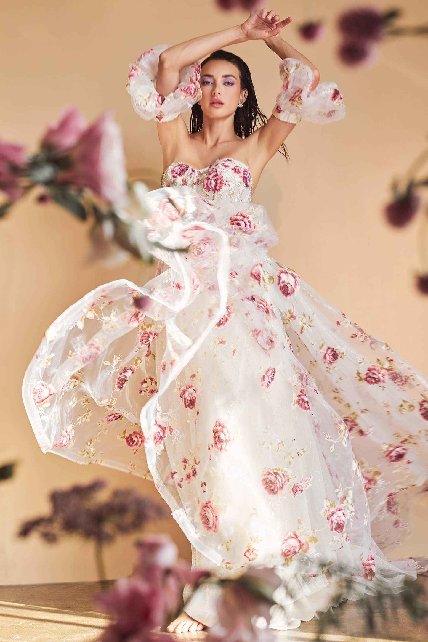 Andrea & Leo A1133 Floor Length Strapless Organza Peony Print Ball Gown