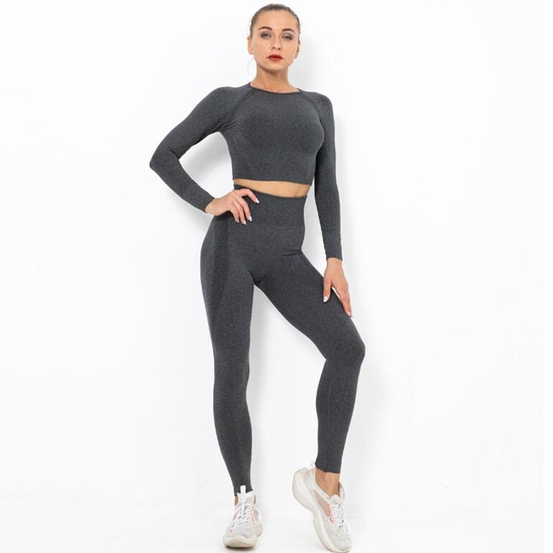 Women Seamless Yoga Set squat proof High Waist Gym Leggings + Shirts Suit Long Sleeve tops Fitness Workout Sports Sets