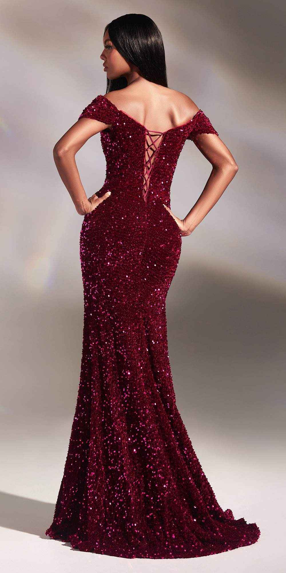 Ladivine CA109 Floor Length Velvet Sequin Off the Shoulder Gown